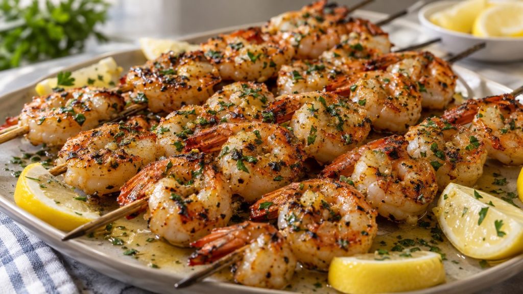 Keto Irish Garlic Butter Shrimp Skewers, plated and ready to serve