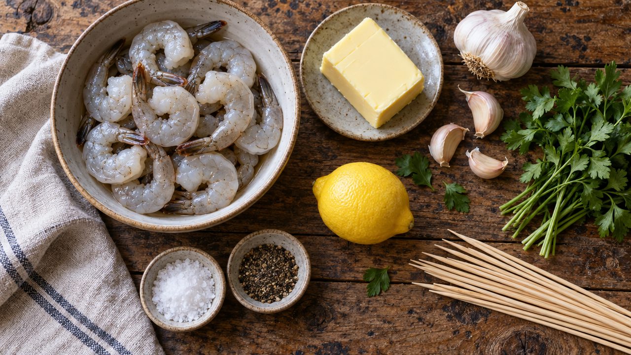 Ingredients for Keto Irish Garlic Butter Shrimp Skewers