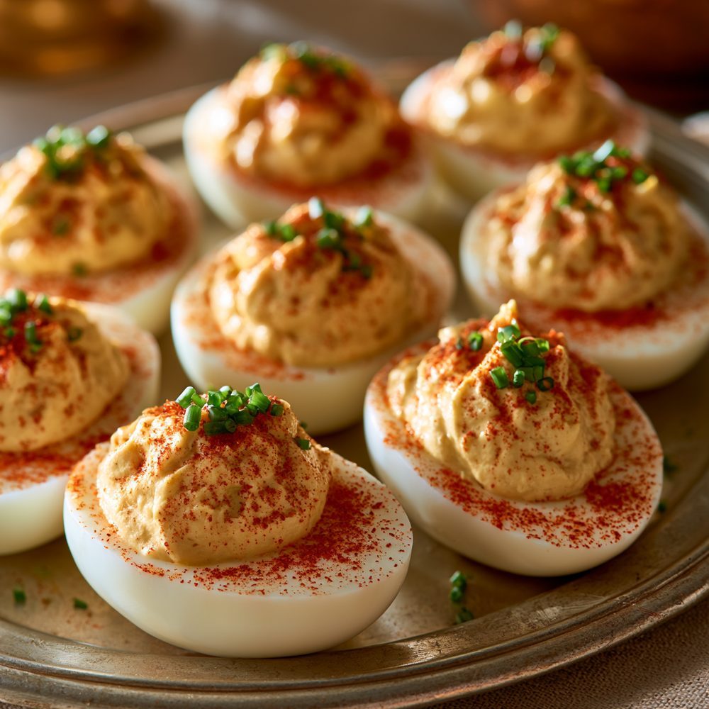 Deviled Eggs with Smoked Paprika, plated and ready to serve
