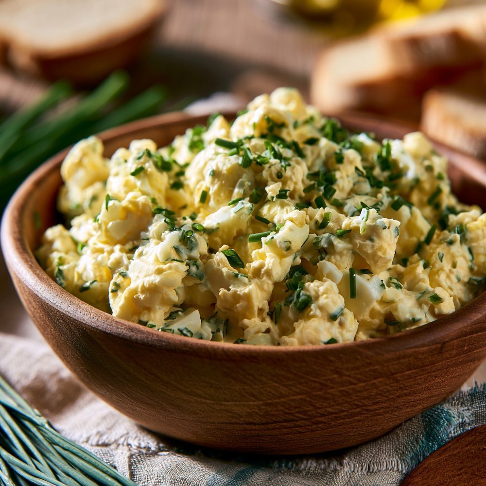 Egg Salad with Schmaltz, plated and ready to serve