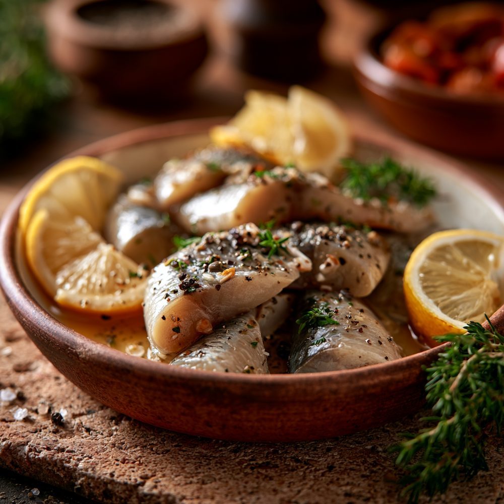 Polish Śledź, Marinated Herring, plated and ready to serve