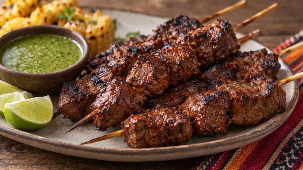 Anticucho Beef Skewers, plated and ready to serve