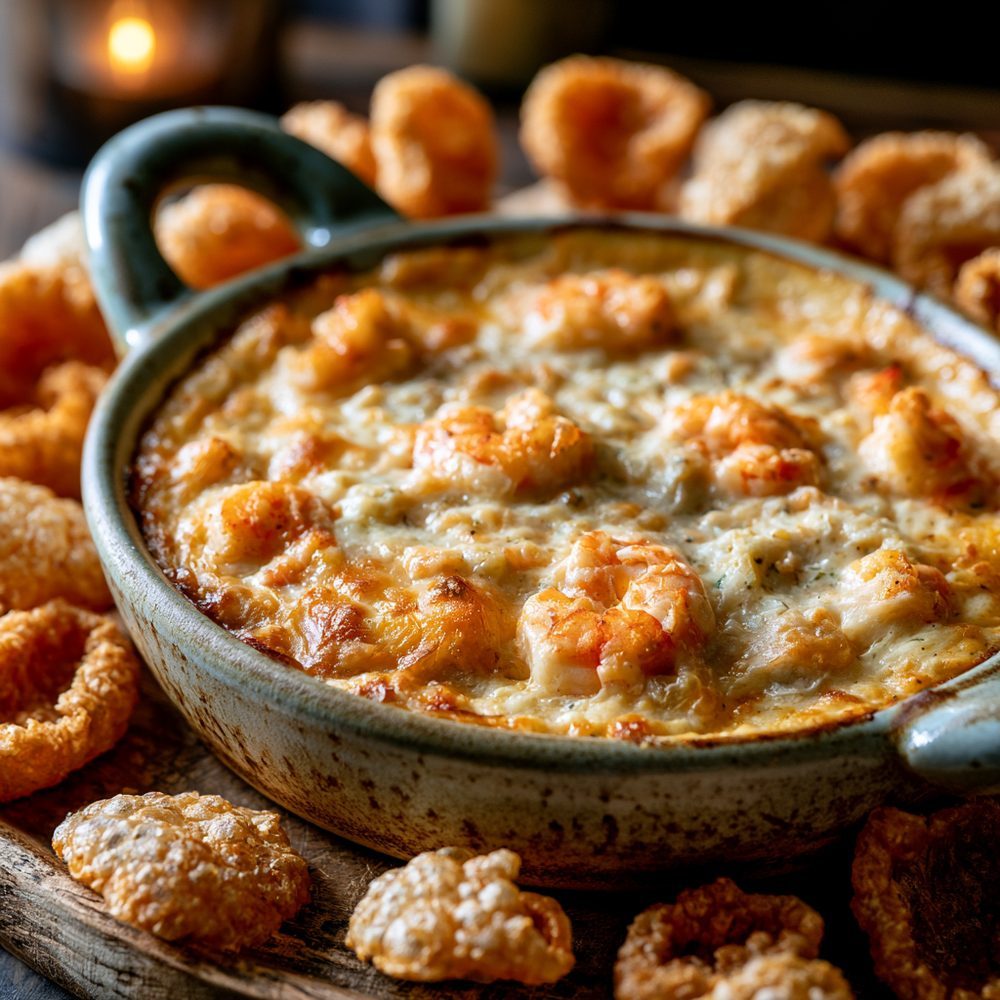 Crawfish Dip with Pork Rind Crackers, plated and ready to serve