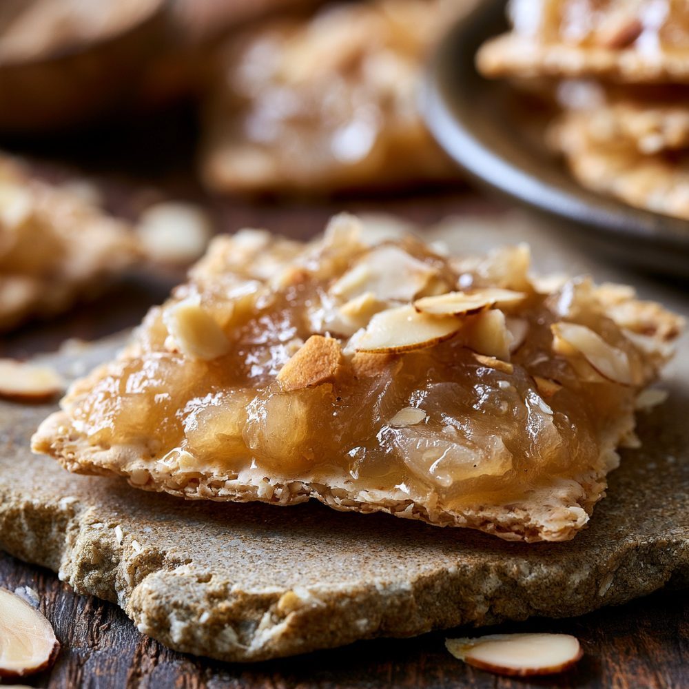 Polish Smalec-Style Bites, Rendered Fat Spread on Almond Crisps, plated and ready to serve