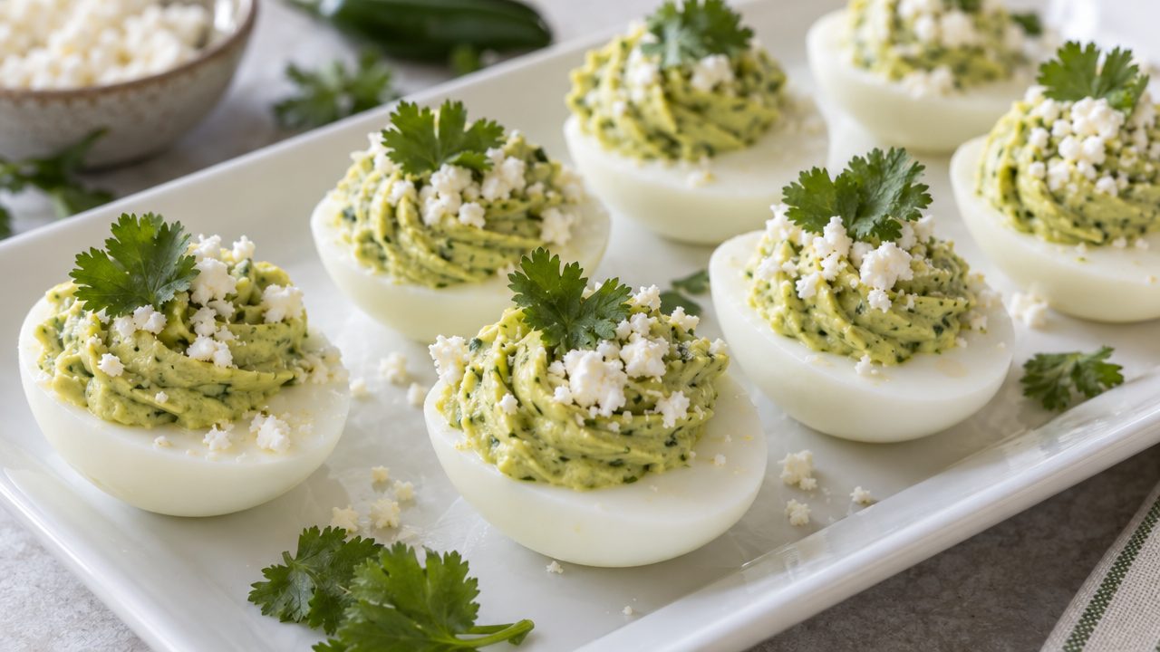 Aji Verde Deviled Eggs, plated and ready to serve