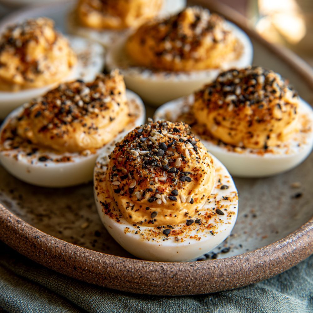 Deviled Eggs with Everything Seasoning, plated and ready to serve