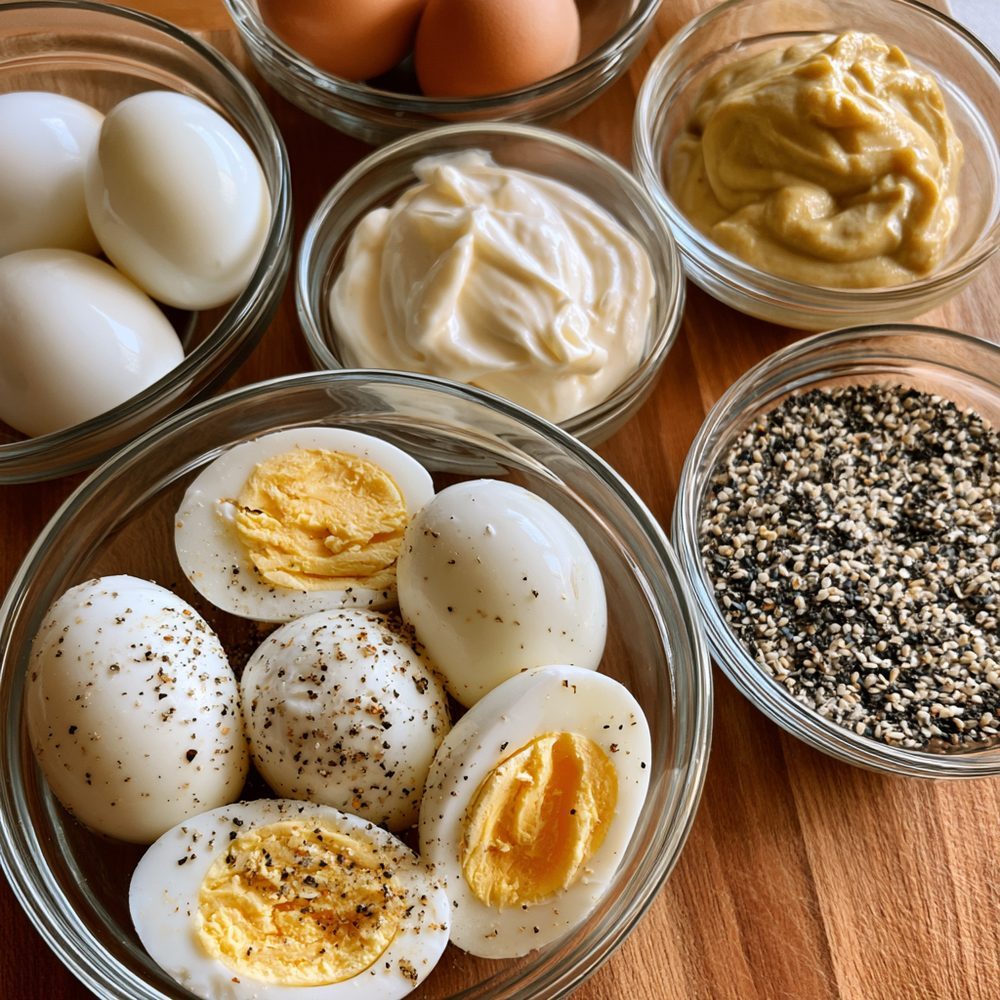Ingredients for Deviled Eggs with Everything Seasoning