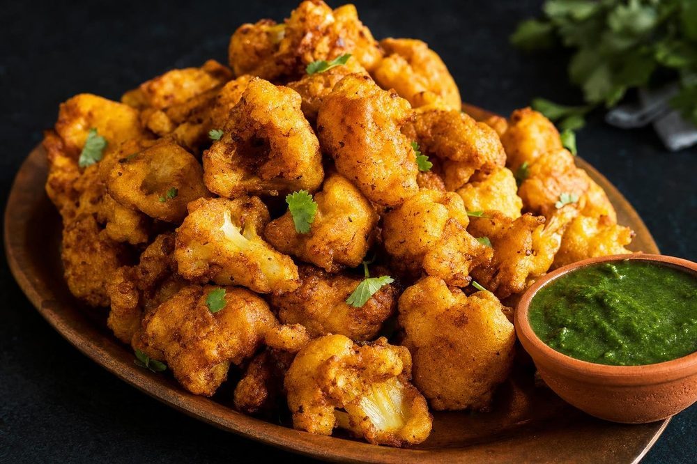 Cauliflower Pakoras, plated and ready to serve