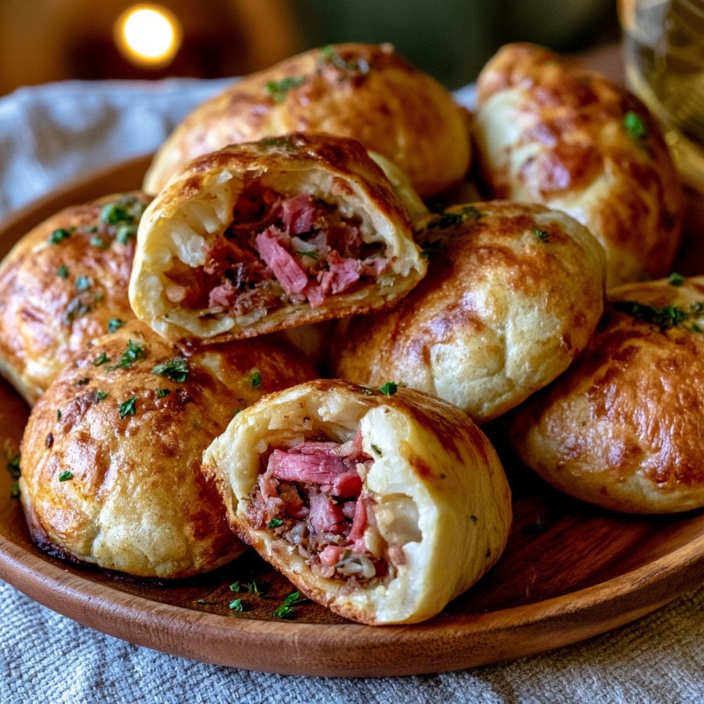 Knish-Style Cauliflower Bites, Corned Beef Filling, plated and ready to serve