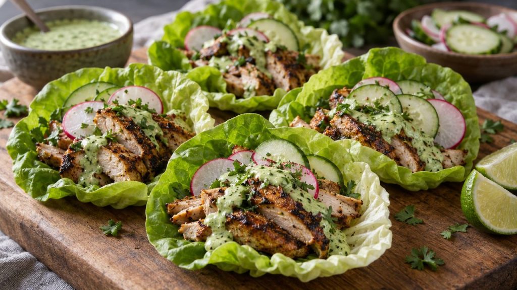Peruvian Chicken Lettuce Wraps, plated and ready to serve