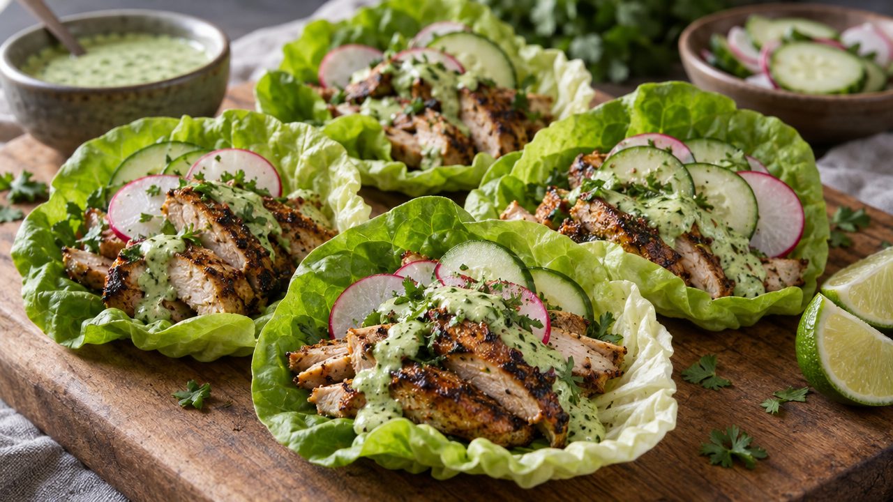 Peruvian Chicken Lettuce Wraps, plated and ready to serve