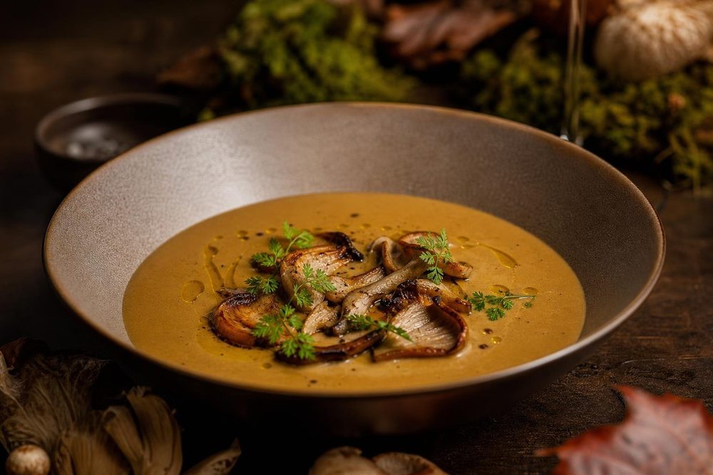 Velouté de Champignons, plated and ready to serve