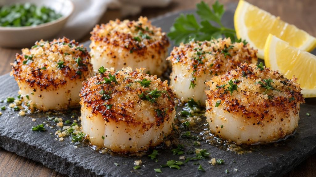 Parmesan Scallop Bites, plated and ready to serve