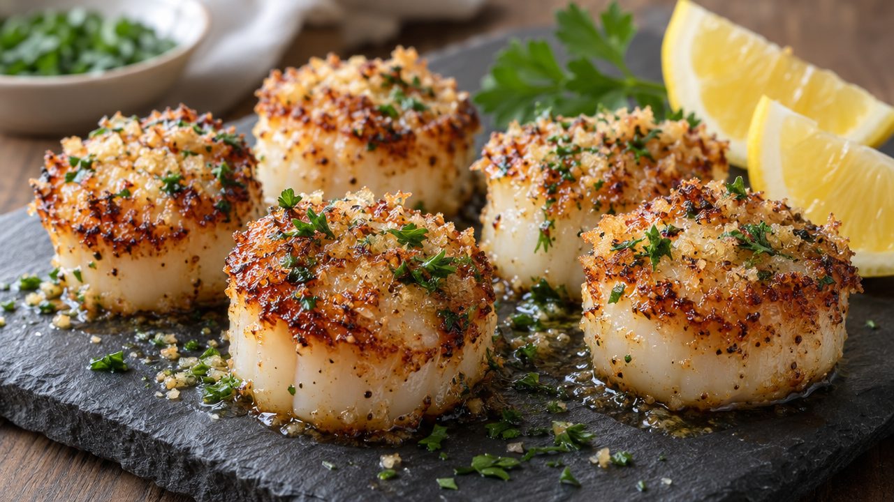 Parmesan Scallop Bites, plated and ready to serve