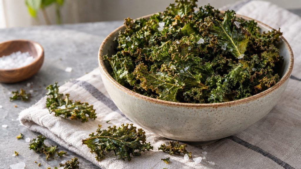 Keto Irish Kale Crisps with Sea Salt, plated and ready to serve