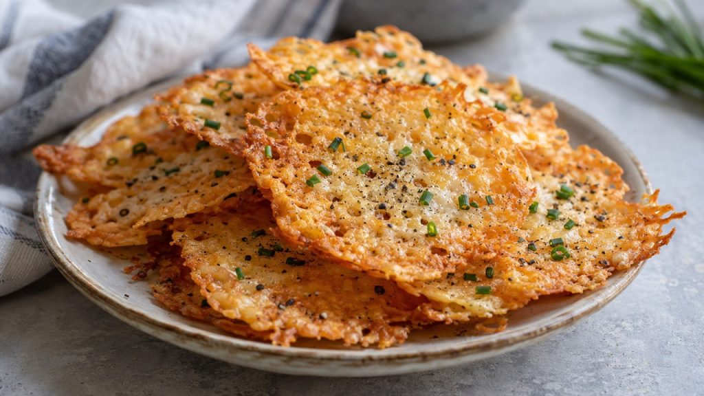 Keto Irish Cheddar & Chive Crisps, plated and ready to serve
