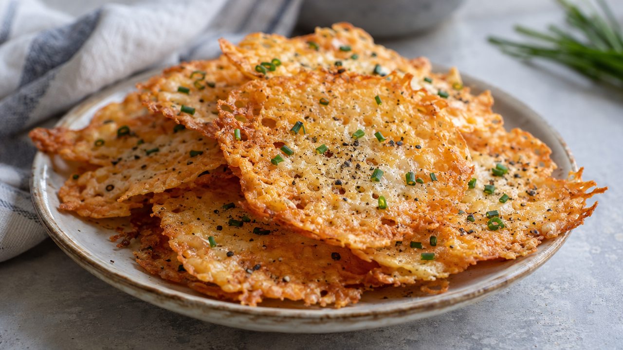 Keto Irish Cheddar & Chive Crisps, plated and ready to serve