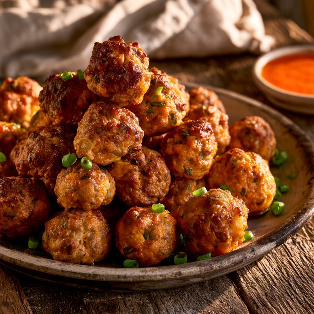Boudin-Style Sausage Balls, plated and ready to serve