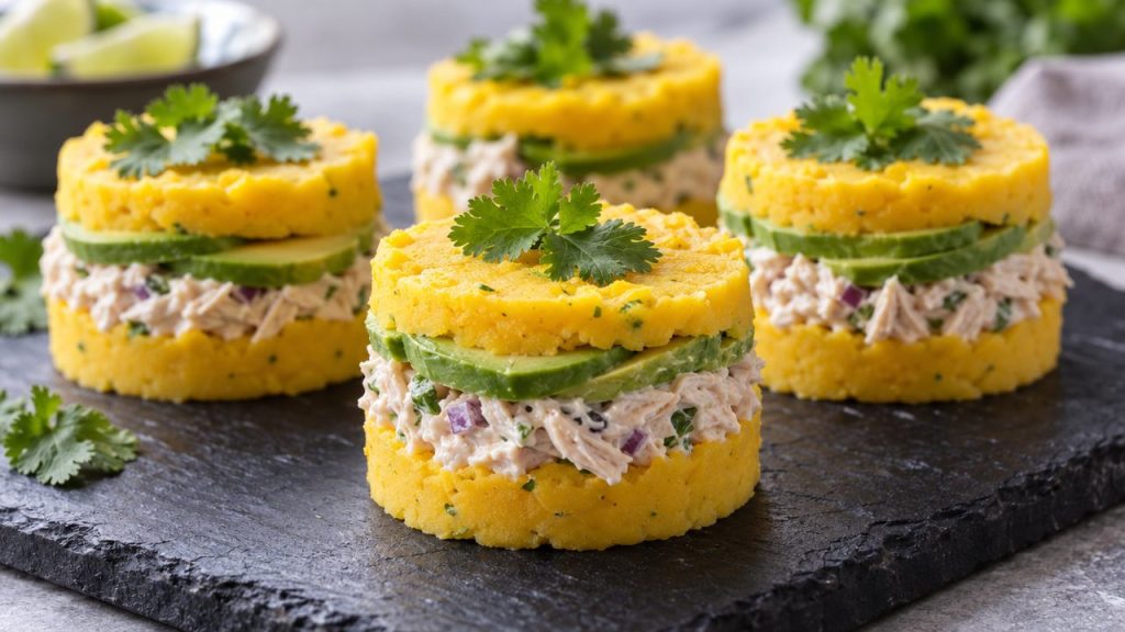 Keto Causa Bites, plated and ready to serve