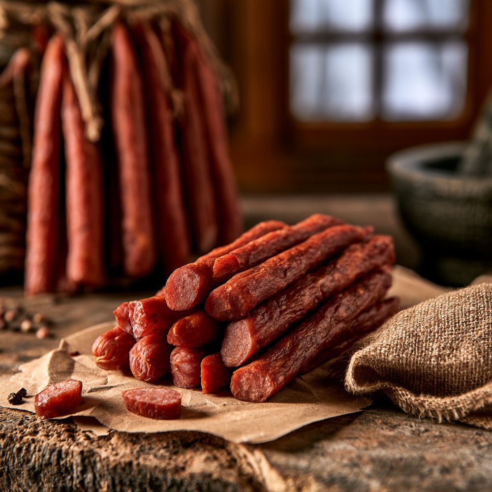 Polish Kabanosy, Thin Smoked Sausage, plated and ready to serve
