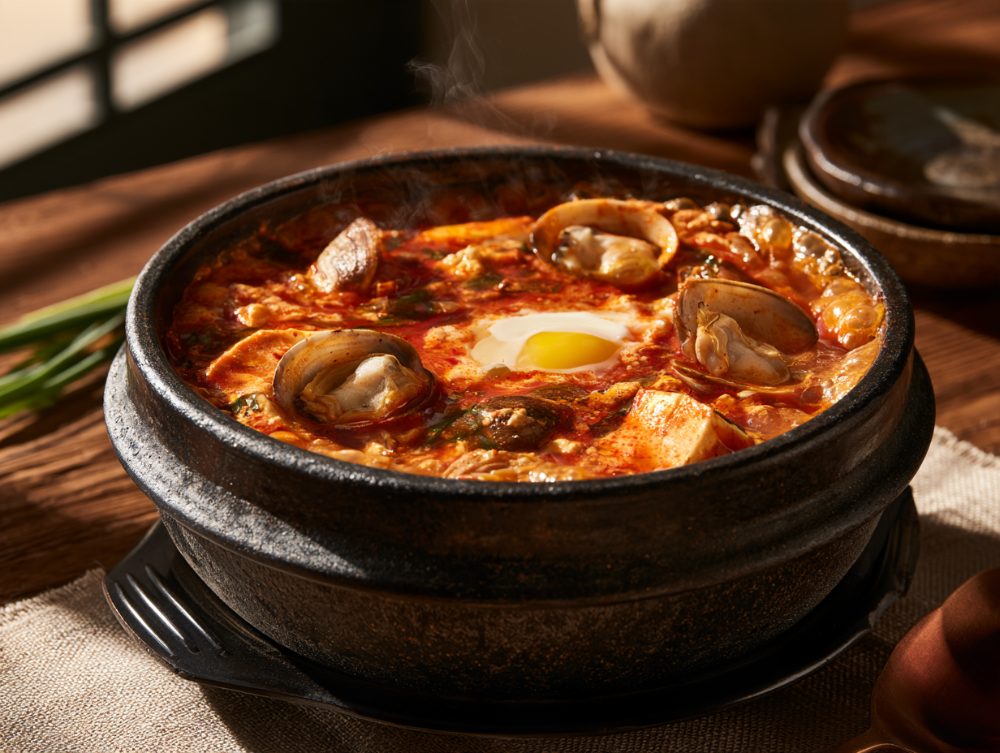 Korean Sundubu Jjigae, plated and ready to serve