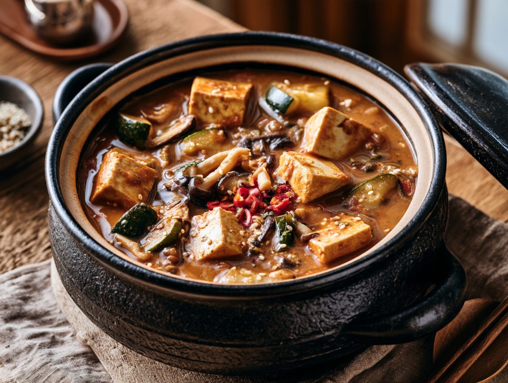 Korean Doenjang Jjigae, plated and ready to serve