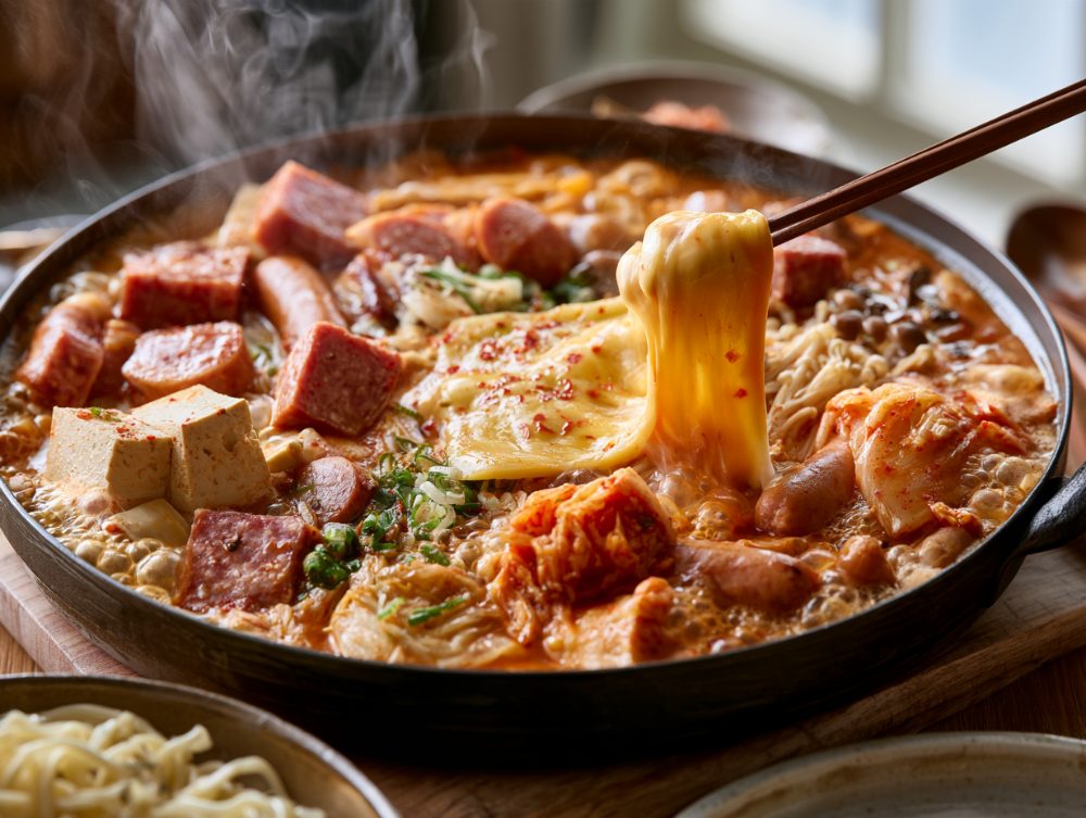 Korean Budae Jjigae, plated and ready to serve