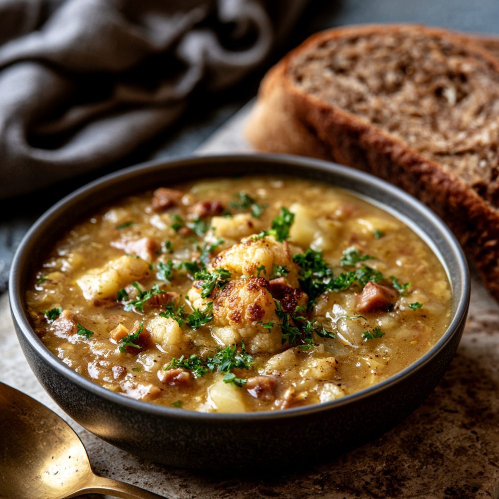 Polish Żurek, Sour Rye Soup, Cauliflower Adapted, plated and ready to serve