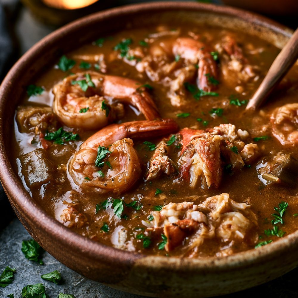 Seafood Gumbo, Keto Roux, plated and ready to serve