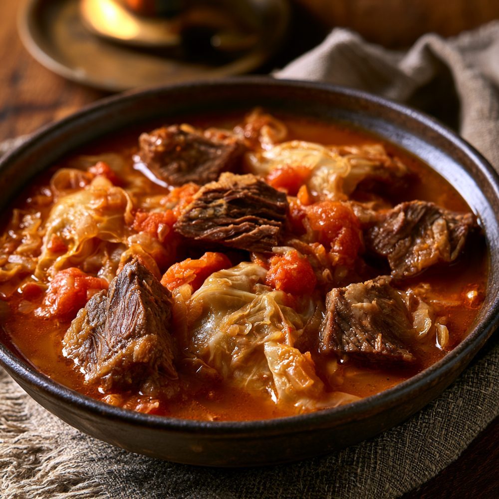 Cabbage Soup with Brisket, plated and ready to serve