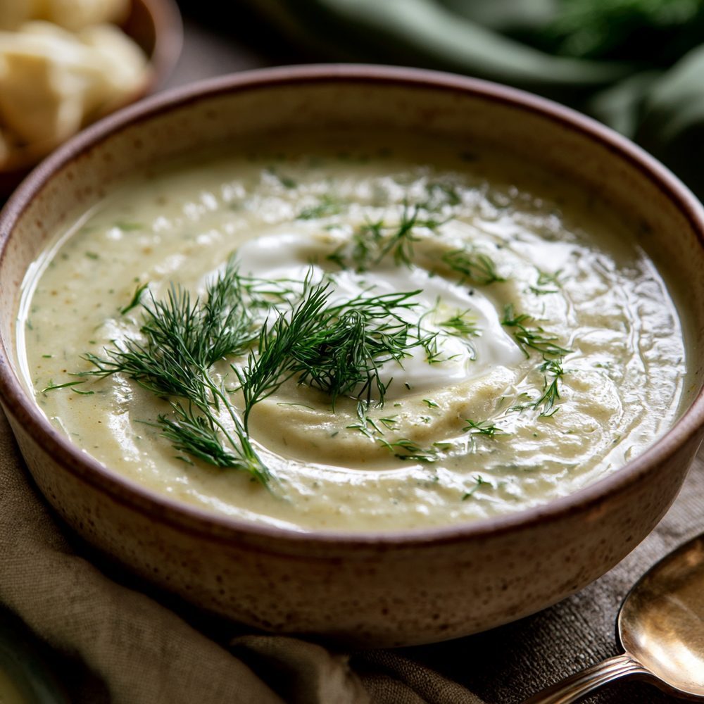 Creamy Cauliflower and Dill Soup, plated and ready to serve