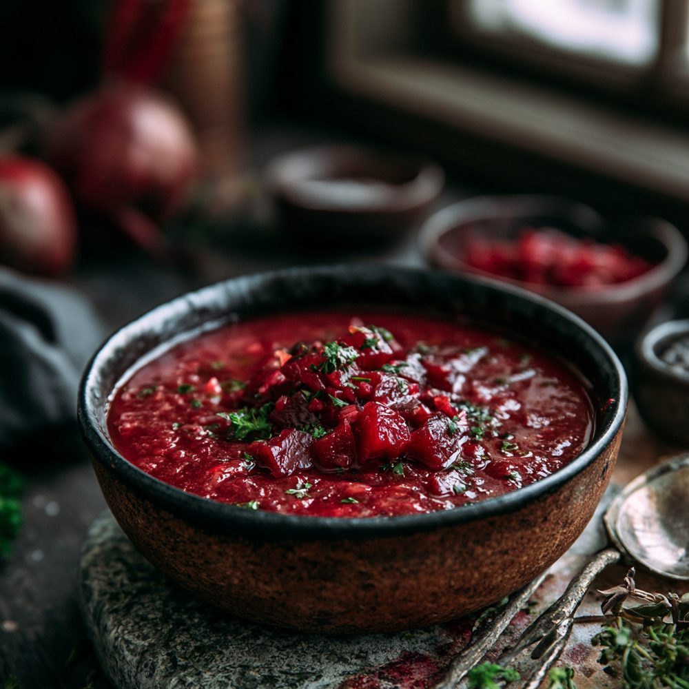 Polish Barszcz Czerwony, Beet Soup, plated and ready to serve