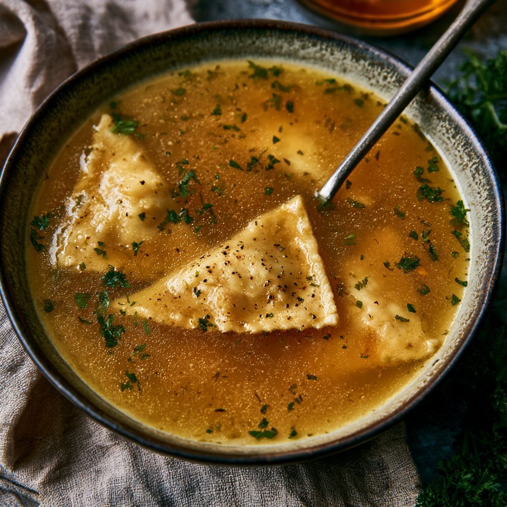 Chicken Soup with Kreplach, Keto Dumplings, plated and ready to serve