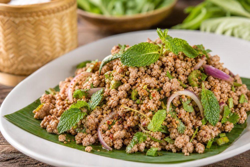 Laap Moo Spicy Minced Pork Salad, plated and ready to serve