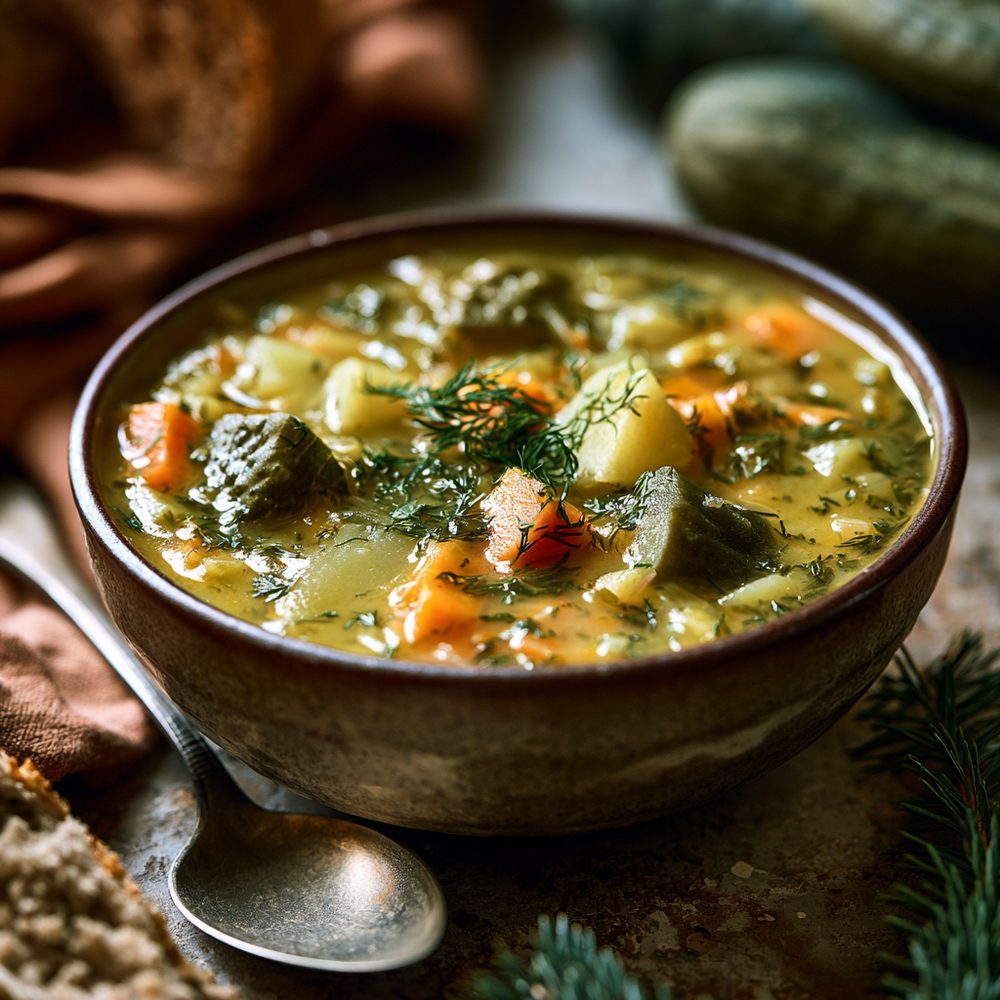 Polish Zupa Ogórkowa, Dill Pickle Soup, plated and ready to serve