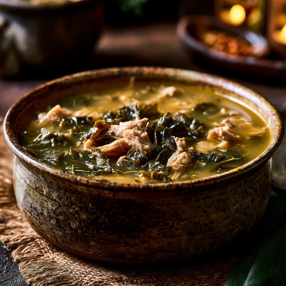 Smoked Turkey and Collard Green Soup, plated and ready to serve