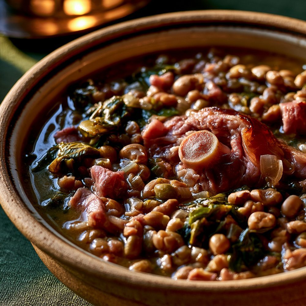 Field Pea and Ham Hock Stew, plated and ready to serve