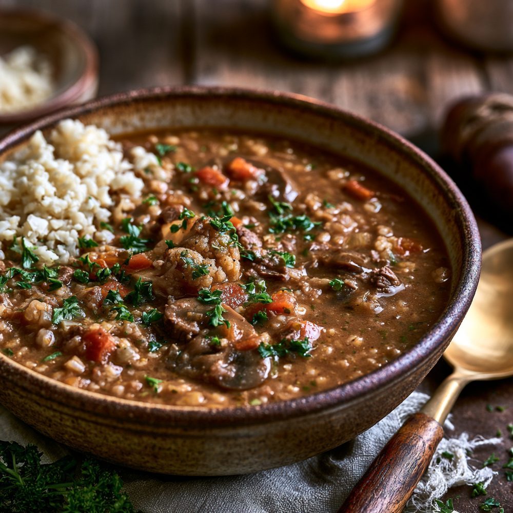 Mushroom "Barley" Soup, Cauliflower Rice, plated and ready to serve