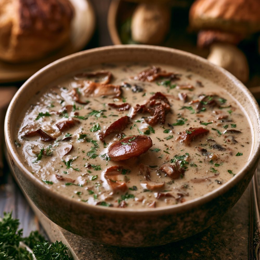 Polish Zupa Grzybowa, Wild Mushroom Soup, plated and ready to serve