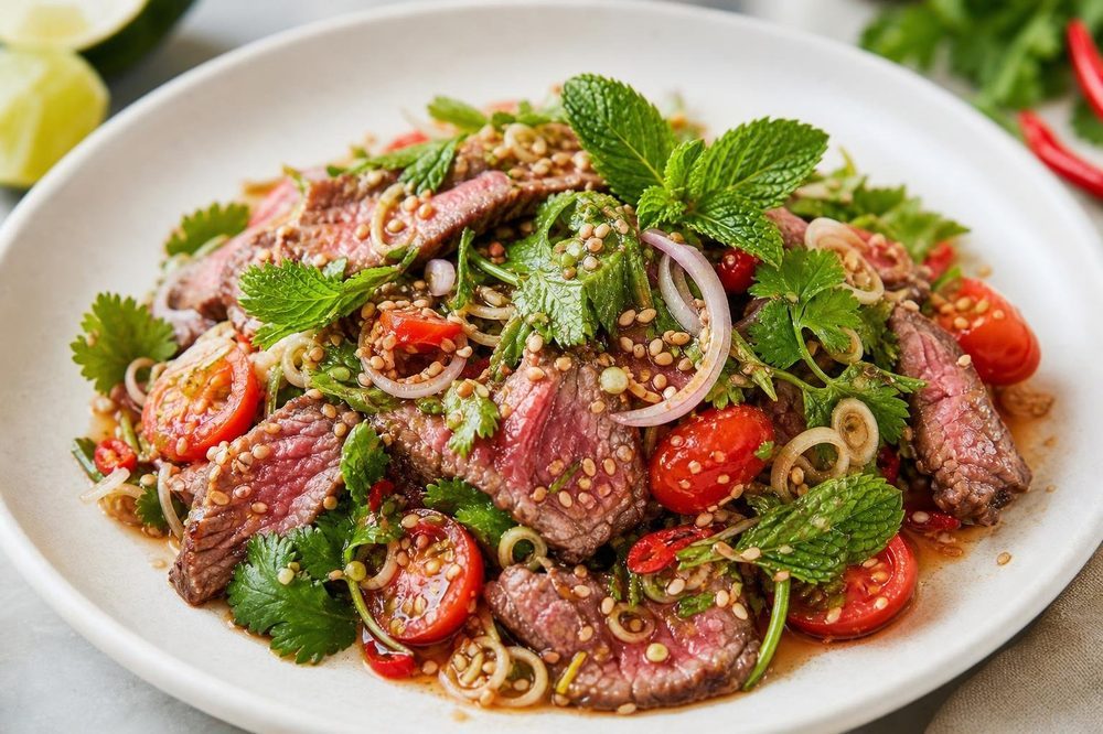 Yam Nuea Grilled Beef Salad, plated and ready to serve