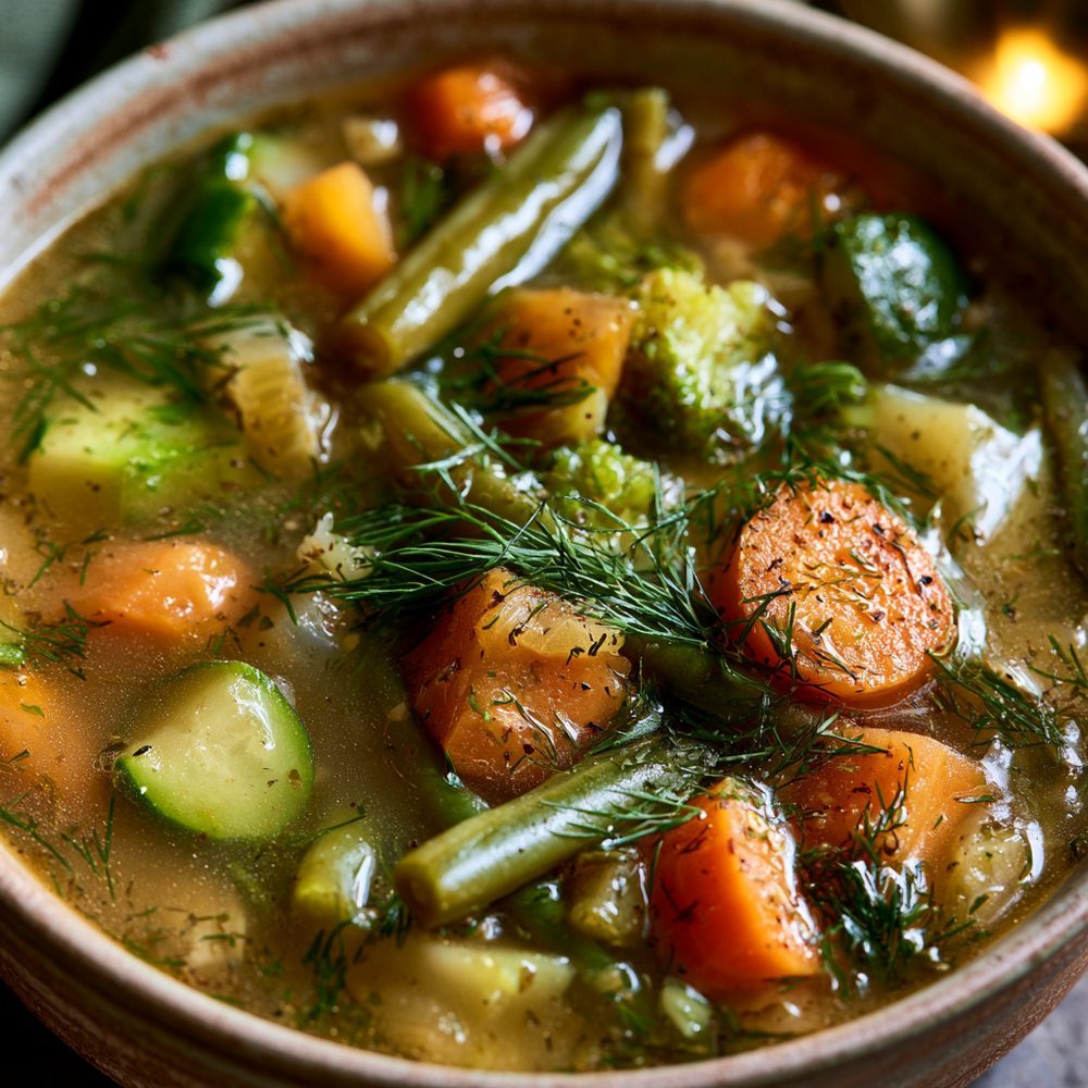 Hearty Vegetable and Dill Soup, plated and ready to serve