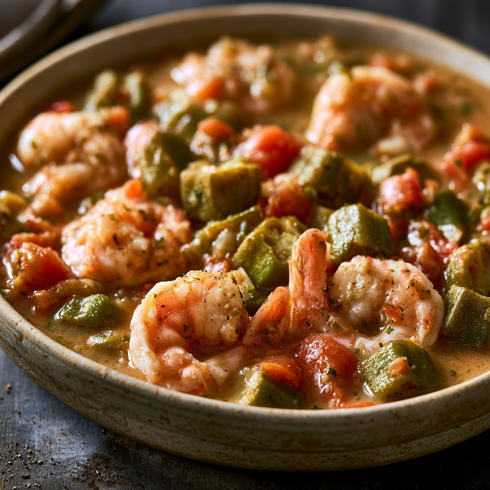 Okra and Tomato Stew with Shrimp, plated and ready to serve