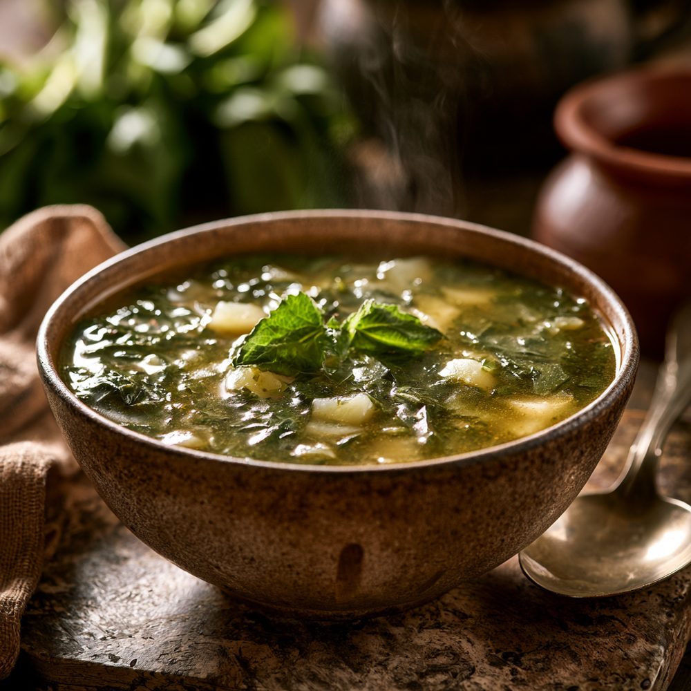 Polish Zupa Szczawiowa, Sorrel Soup, plated and ready to serve