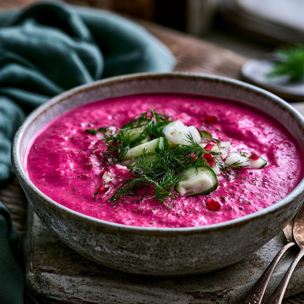 Polish Chłodnik, Cold Beet Soup, plated and ready to serve