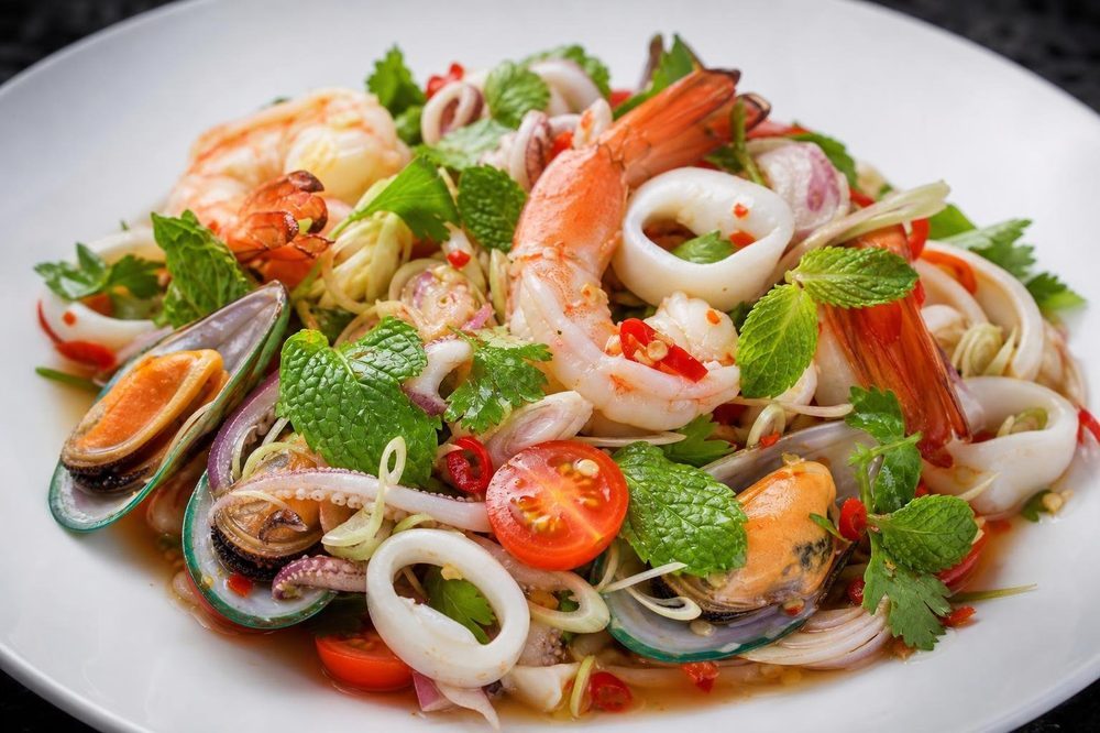 Yam Talay Spicy Seafood Salad, plated and ready to serve