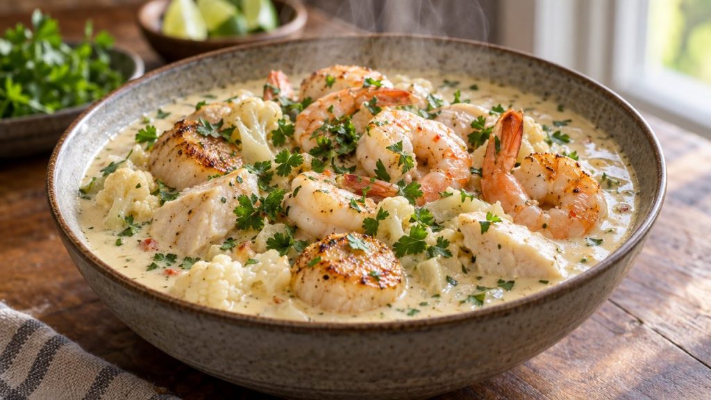 Seafood Chowder, plated and ready to serve