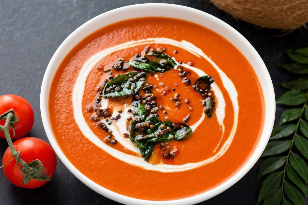 Tomato & Coconut Soup, plated and ready to serve