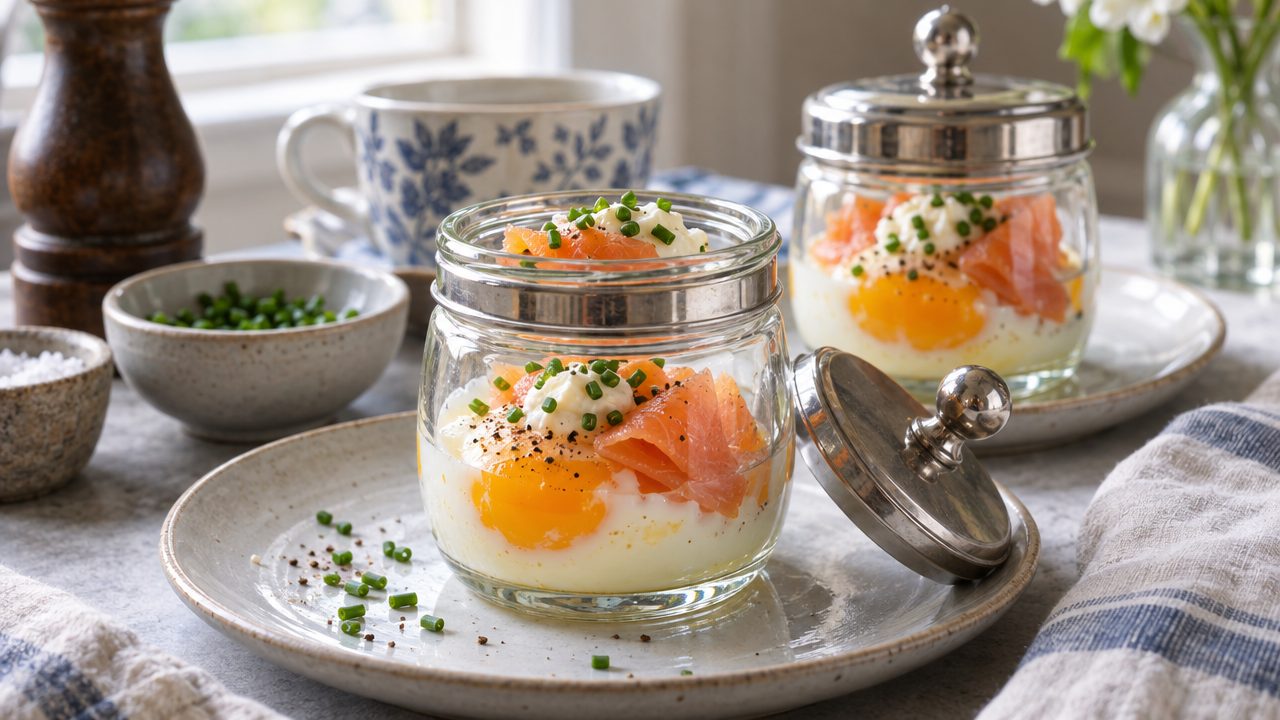 Keto Coddled Eggs with Smoked Salmon, plated and ready to serve