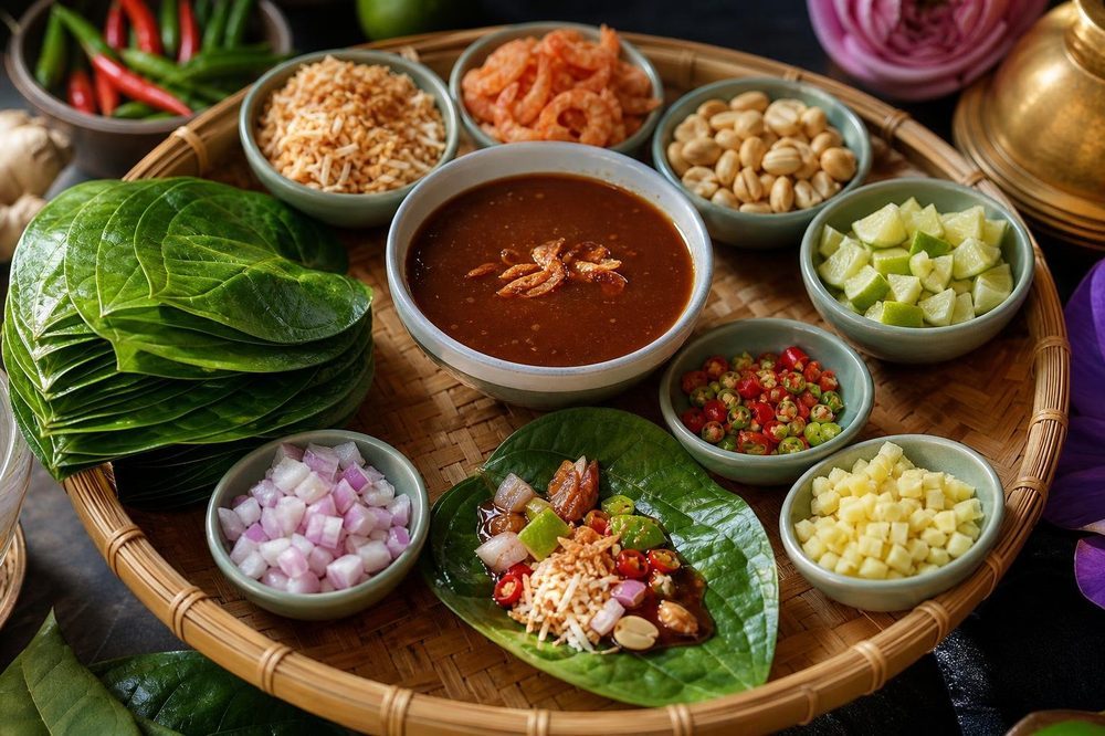 Miang Kham Betel Leaf Bites, plated and ready to serve