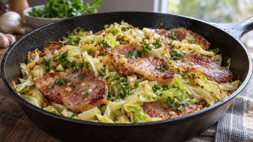 Keto Irish Rashers and Cabbage Stir-fry, plated and ready to serve